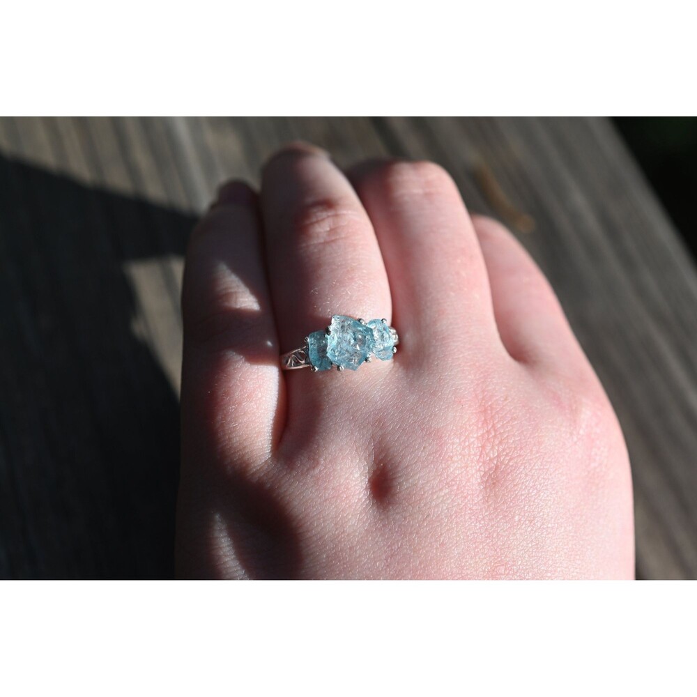 Raw aquamarine ring, crystal ring, three stone ring natural gemstone jewelry, gi